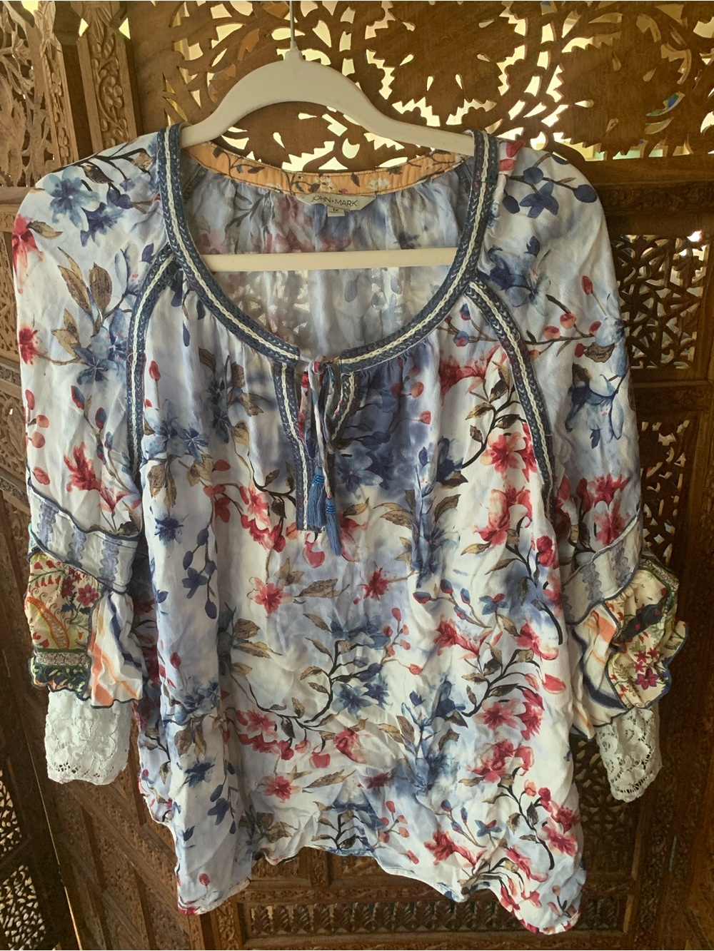 John Mark Floral Tie-Neck Blouse - Light Blue, Pink & Navy